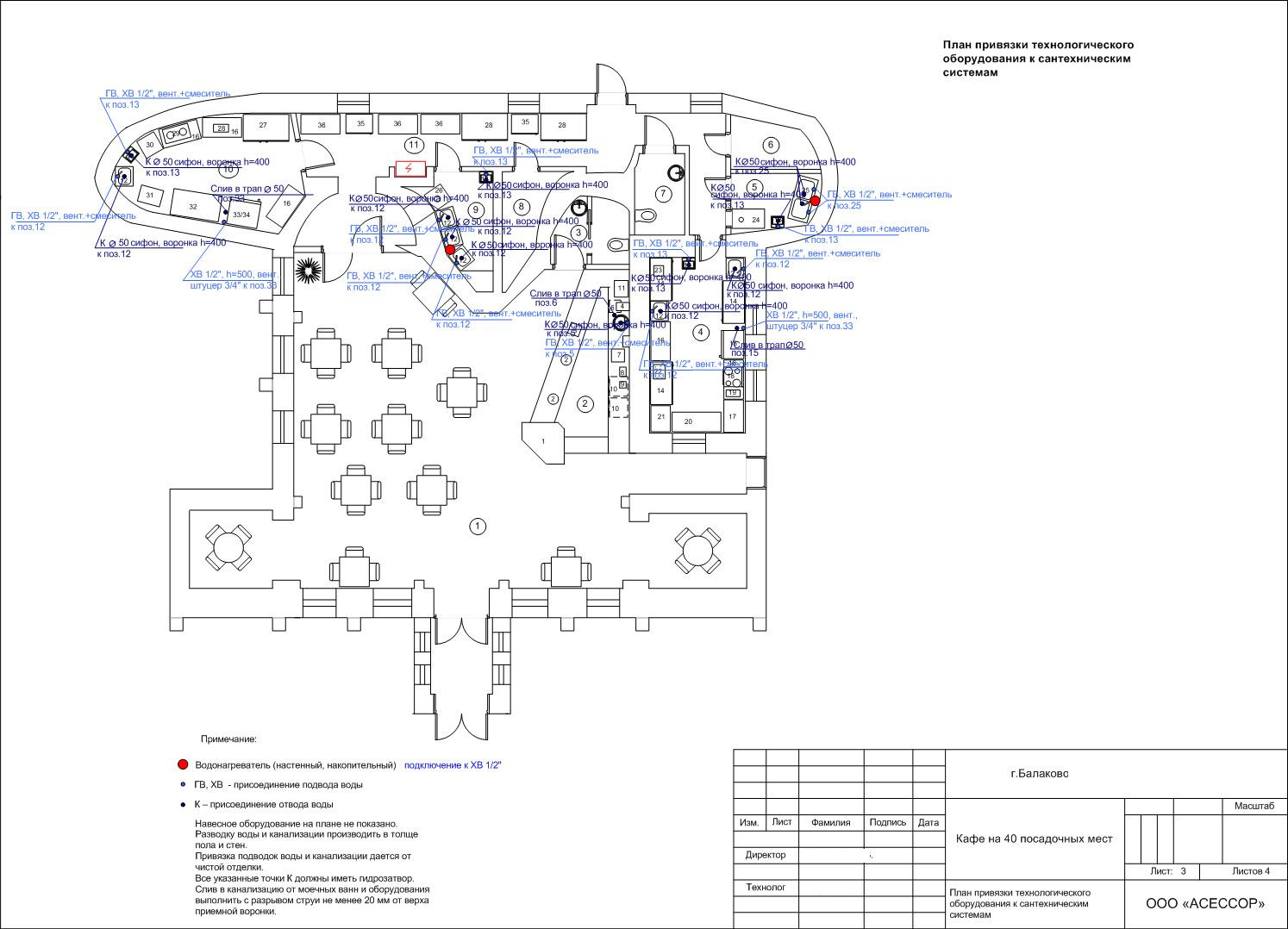 План привязки технологического оборудования к сантехническим системам для кафе на 40 посадочных мест в Балаково. Разработан RestCon.